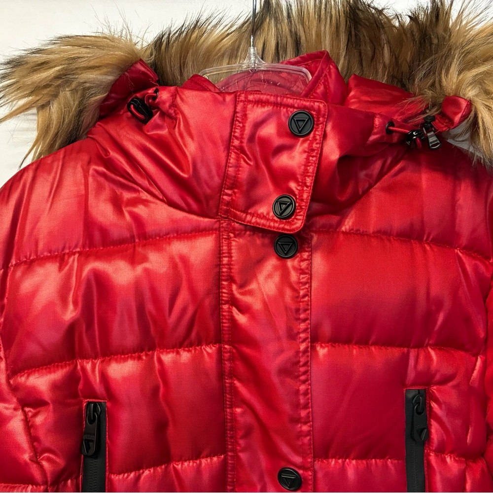 Guess Red Puffer Jacket with Faux Fur Hood - Picture 3 of 7